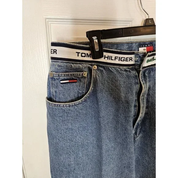 Vintage Tommy Hilfiger Jeans Mens 36x32 Blue Big Flag Straight Y2K Pants Baggy - Picture 6 of 12